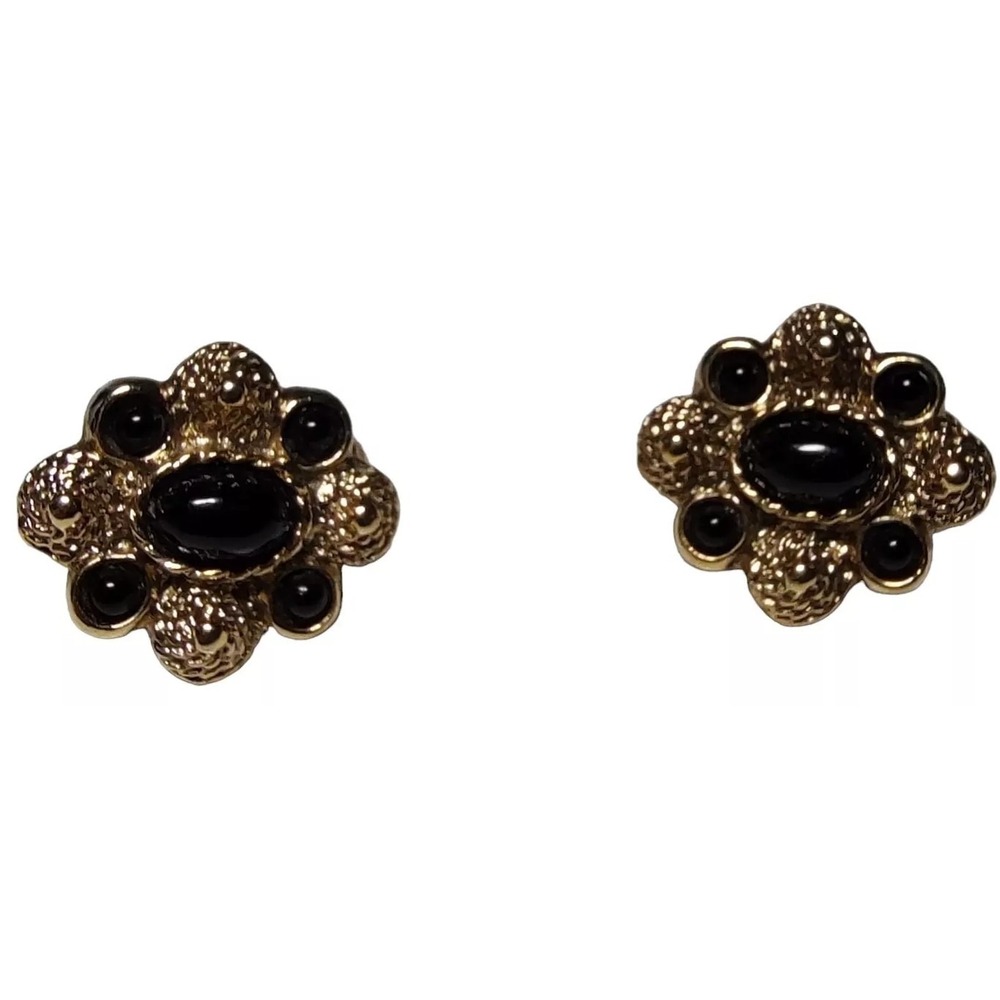 Vintage Clip On Earrings Black Oval Acrylic Beads and Gold Tone Classic Retro
